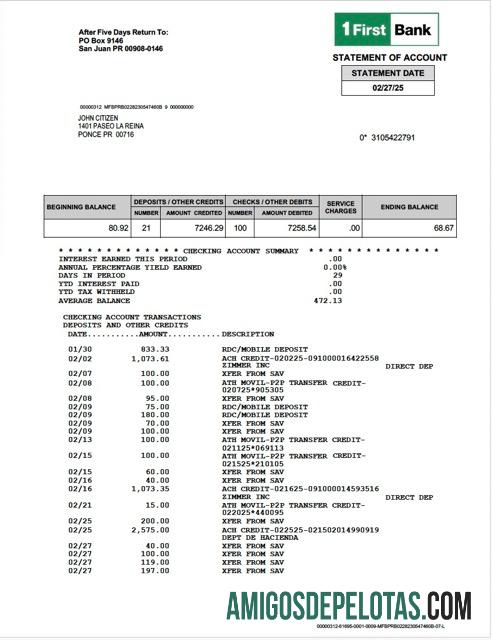 realista Porto Rico 1 Primeiro extrato bancário modelo Word e PDF